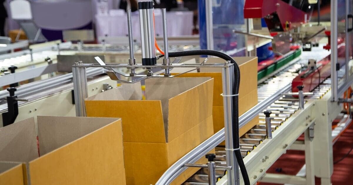 A packaging machine moving cardboard boxes along conveyors inside a factory with metal guards and control panels.