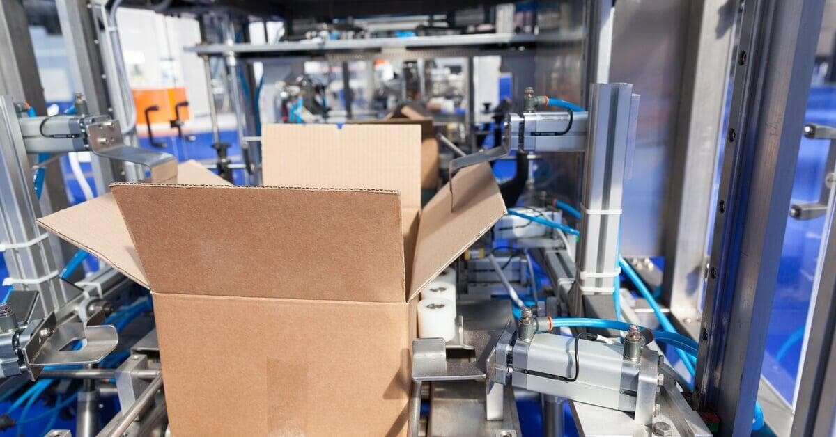 A carton packing machine holding stacked cardboard blanks near a conveyor, control cabinet, and yellow floor lines.