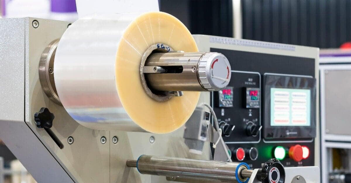 A clear film roll mounted above metal rollers on a wrapping machine has control displays and colored buttons.