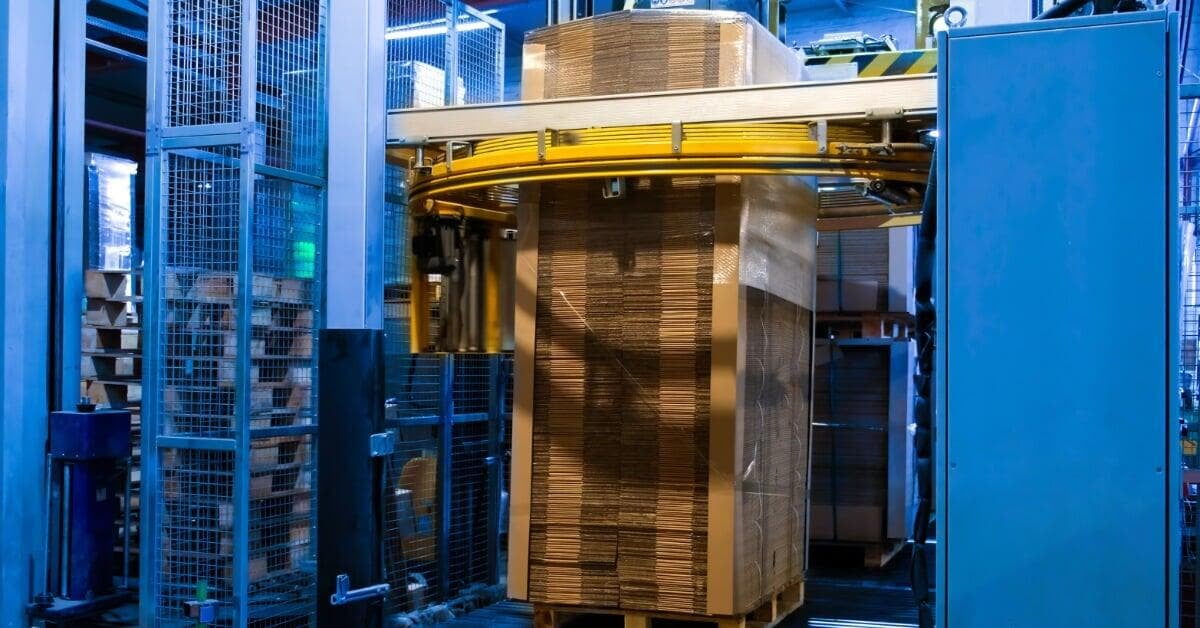 A pallet of stacked cardboard sheets moves through a blue and yellow stretch wrapping machine on metal rollers.