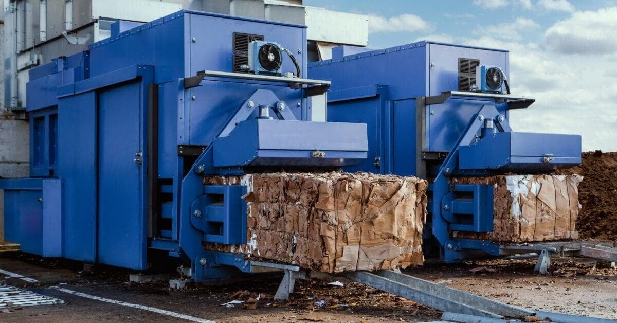 Two blue industrial cardboard balers holding compressed brown cardboard bales outdoors beside metal equipment.