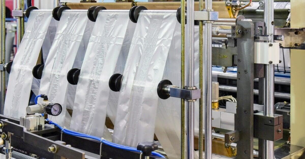 A plastic bag production machine guides white film through black rollers, metal rails, and blue tubing.