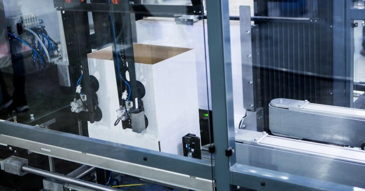 A white open cardboard box between black gripping arms inside an enclosed industrial machine with metal bars and blue cables.