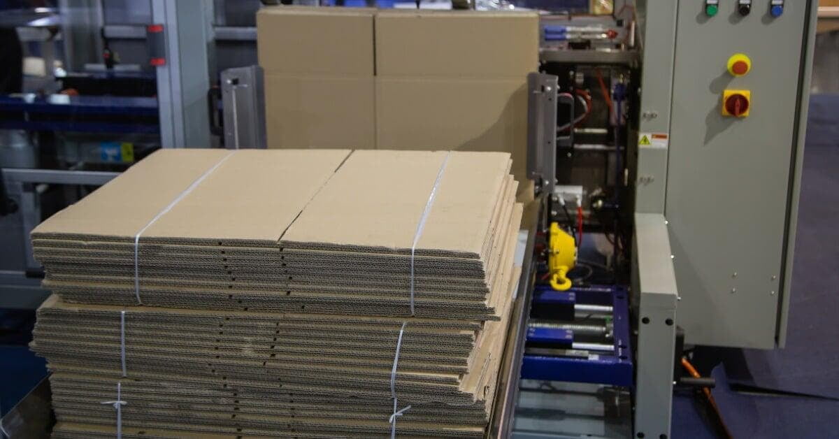 Stacks of flattened cardboard boxes tied with white straps beside an industrial carton erector with a gray control panel.