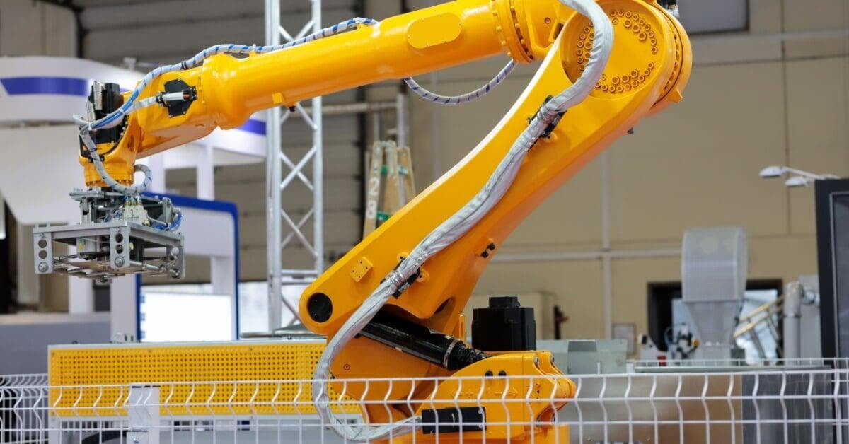A large yellow industrial robotic arm with cables and a metal gripper positioned behind a white safety fence indoors.