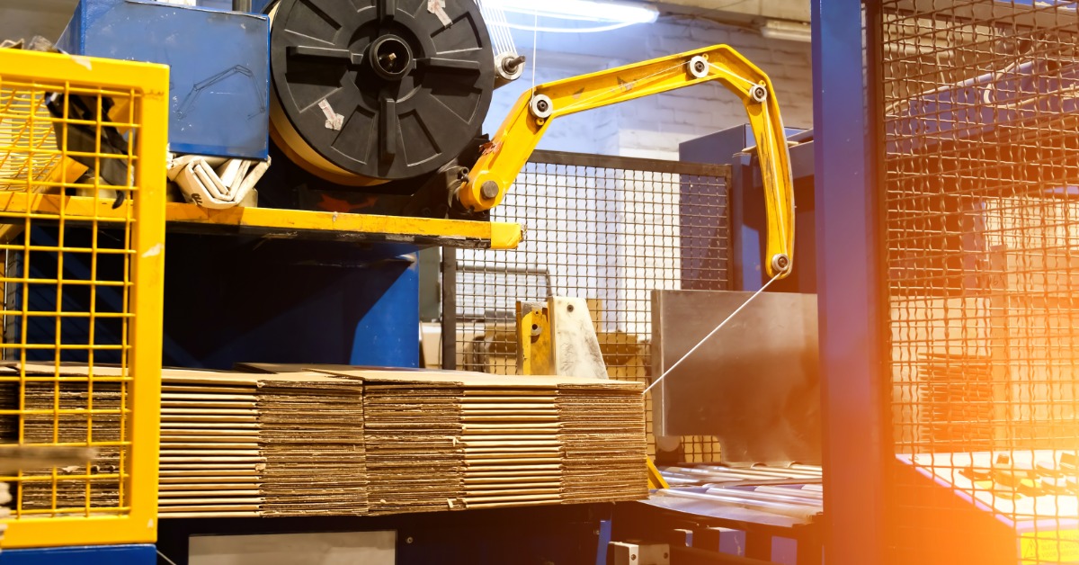 A large stack of flattened corrugated cardboard boxes passing through blue and yellow strapping machinery with white bands.