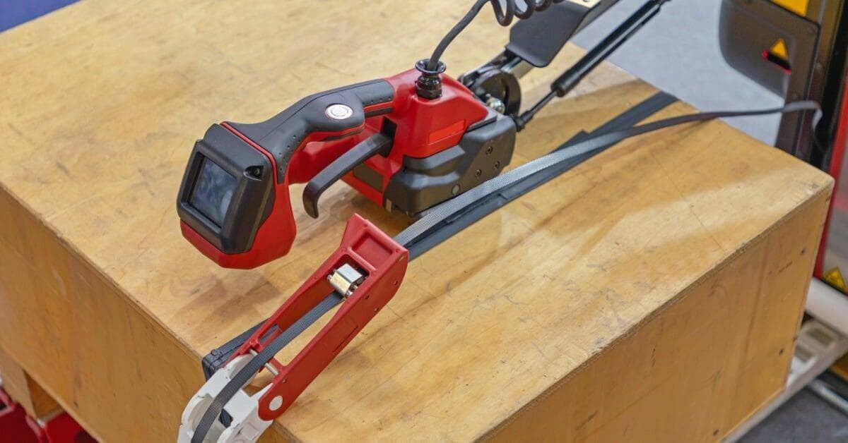 A red and black electric strapping tool resting on a wooden crate with a dark plastic strap running across its lid.