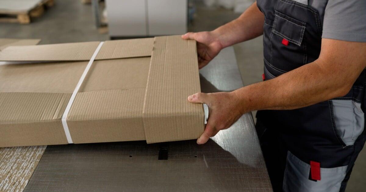 A person in gray work clothes holding a flat corrugated cardboard package secured with white plastic straps on a metal table.
