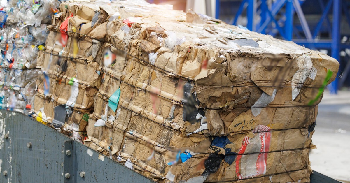 Compressed cardboard and plastic bales on a conveyor in a recycling facility with blue metal structures.