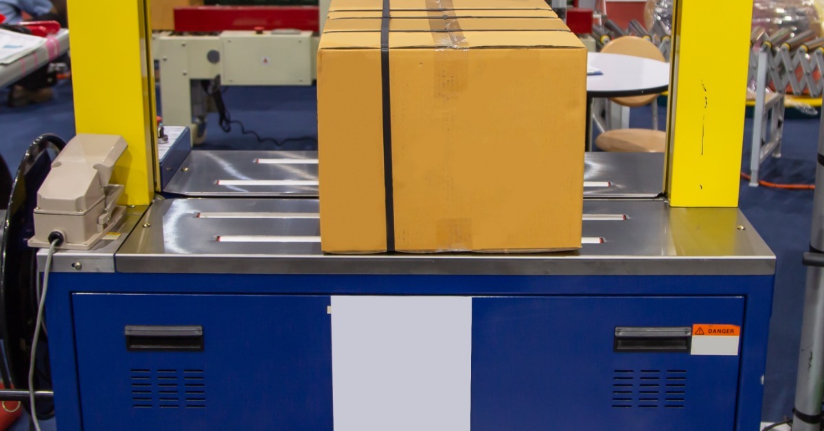 A cardboard box sits on a conveyor inside a yellow-framed strapping machine inside of a warehouse setting.