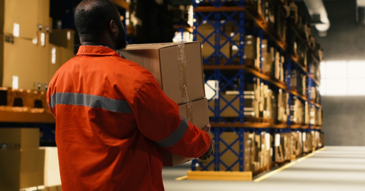 A person carrying stacked cardboard boxes through a warehouse aisle with pallets, parcels, and shelving nearby.