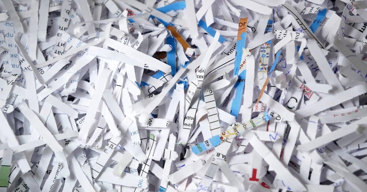 An overhead, close-up view of many thin strips of shredded white paper piled together across the entire frame.