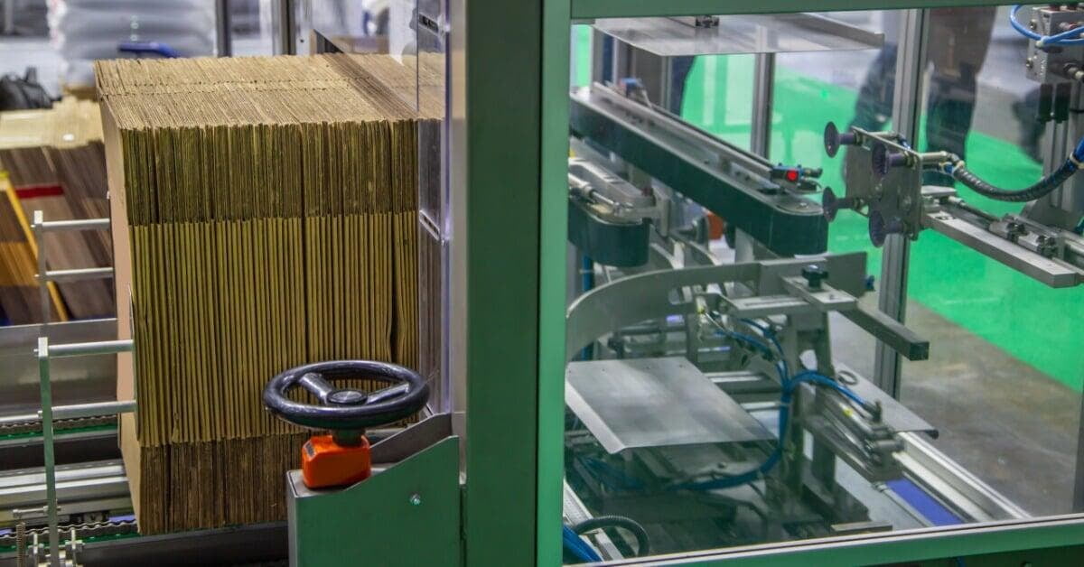 A tall stack of flat cardboard boxes beside green automated machinery with metal rails, hoses, and suction arms.
