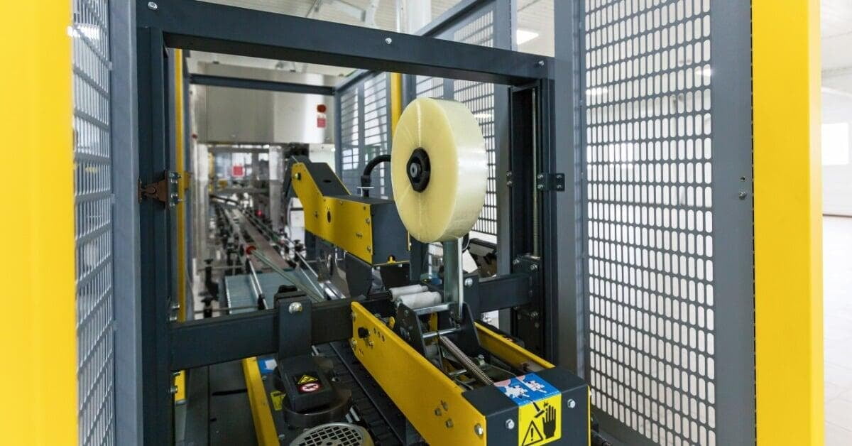 A sealed cardboard box traveling on a roller conveyor between wrapped rails in a large industrial facility.
