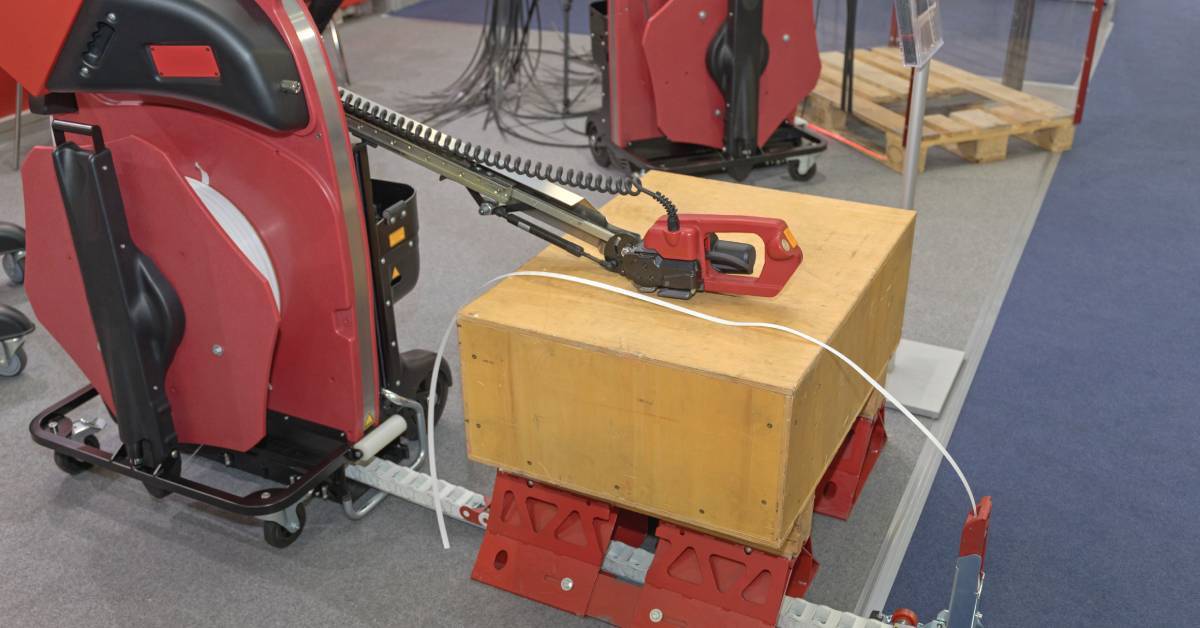 A strapping machine applying one strap to a wooden box. Behind it, another machine processes a wooden pallet.