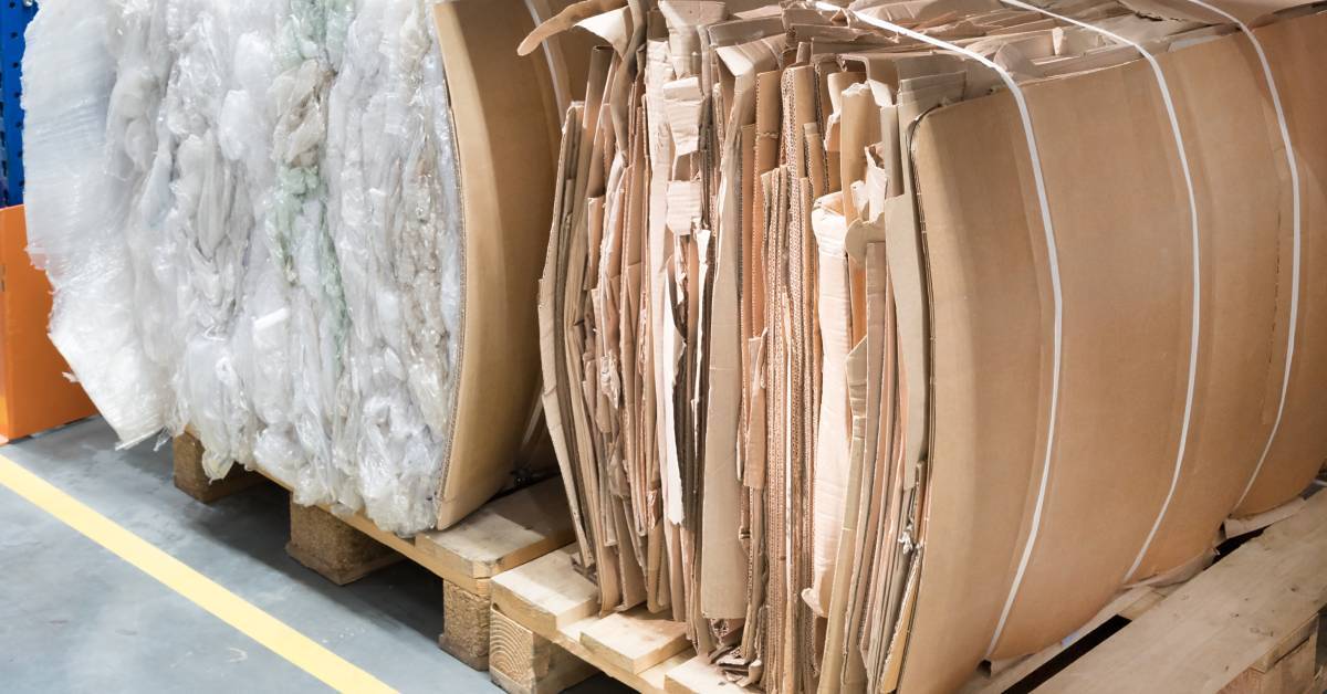 Strong straps securing one bale of plastic waste and one bale of cardboard waste. The bales are on wooden pallets.