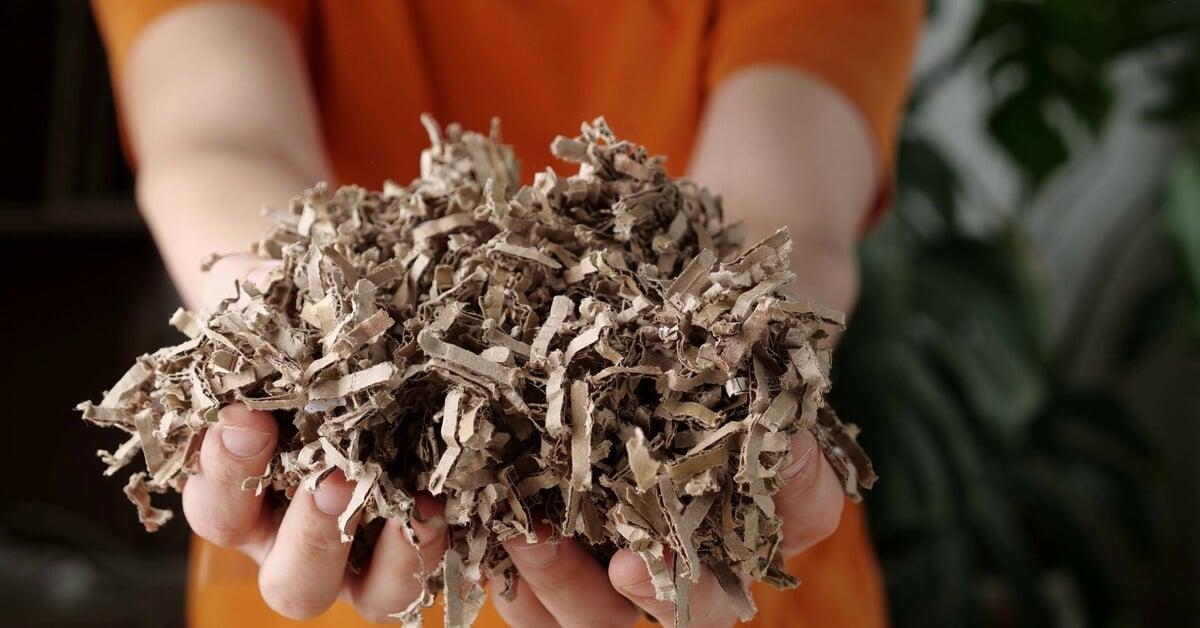 A close-up of an individual in an orange shirt holding a pile of brown shredded cardboard in both hands.
