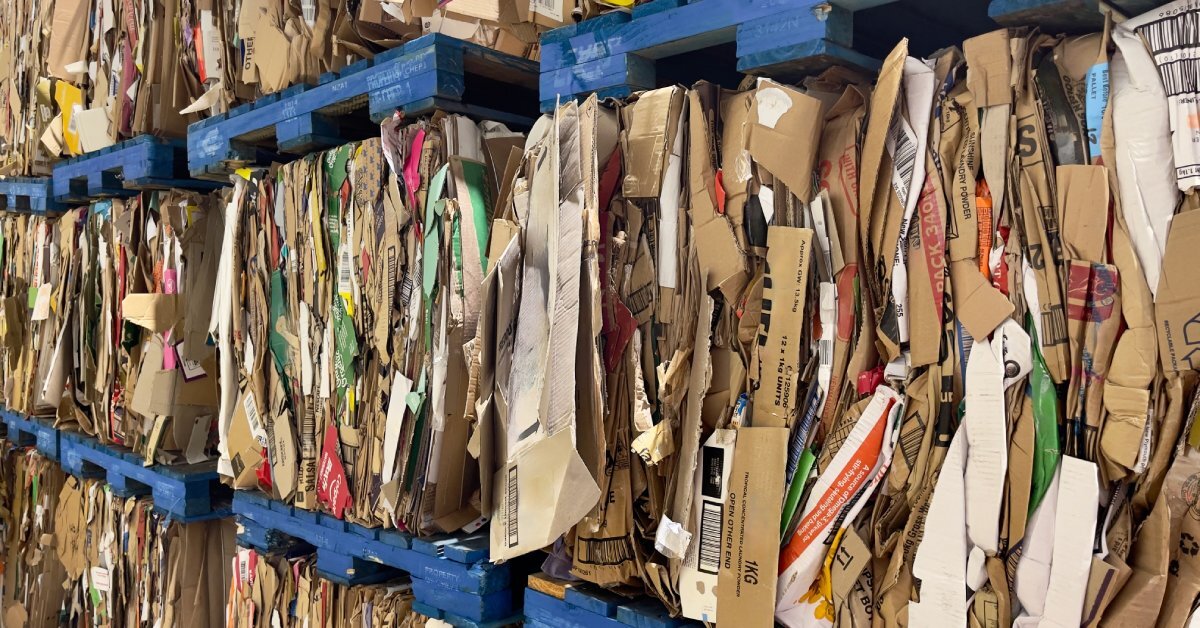 A close-up of several bales of compacted cardboard boxes stacked on top of each other between blue wooden pallets.