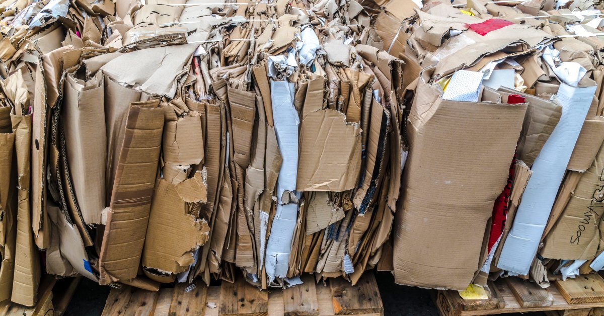 A close-up of cardboard boxes pressed into bales and secured with white ties. The bales are sitting on wooden pallets.