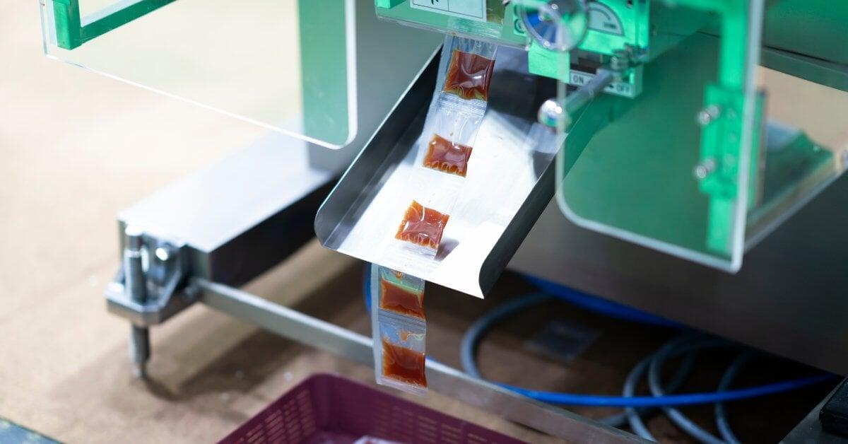 A long strip of clear plastic pouches filled with a red liquid exits from an industrial bagging machine into a basket.