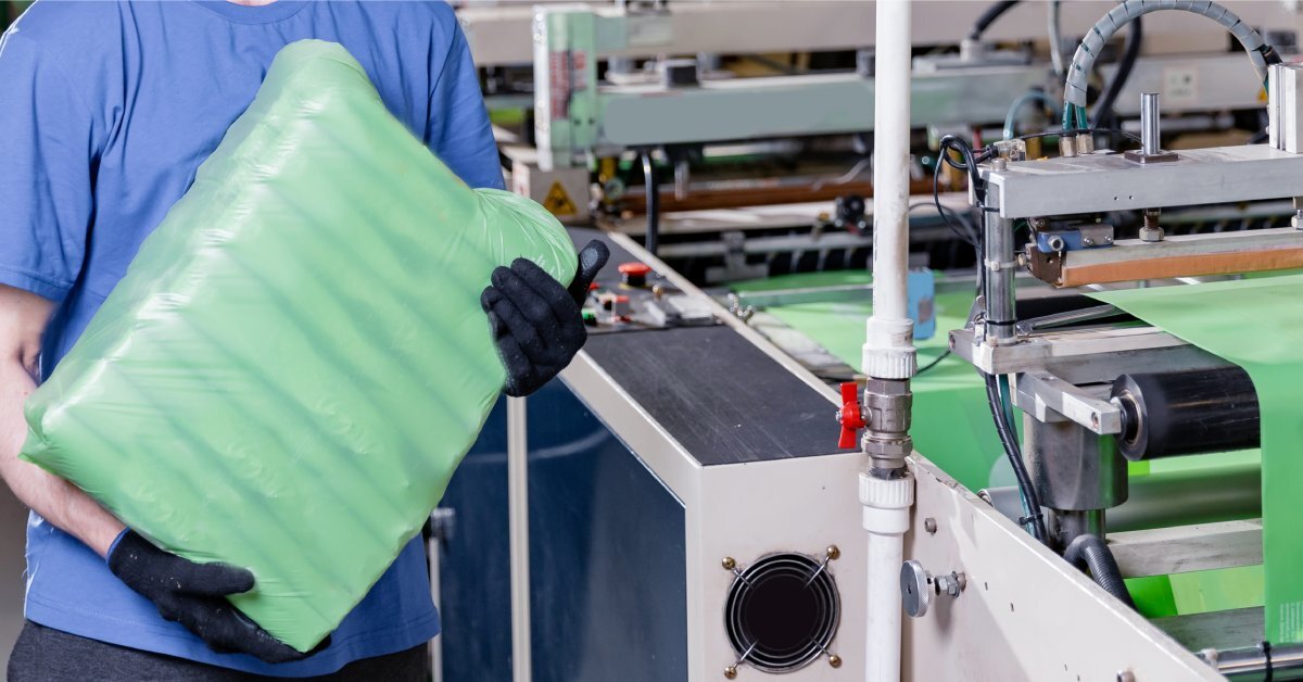 A warehouse worker wearing black gloves holds a package that's wrapped in green plastic near an assembly line.
