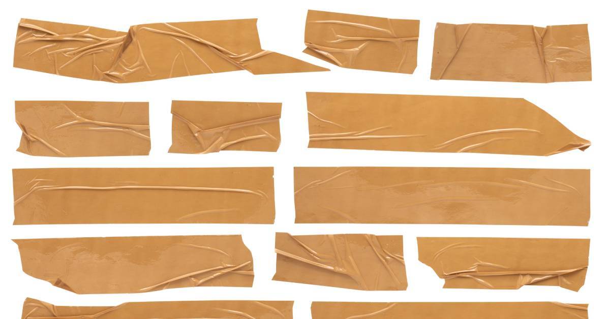 Strips of brown carton sealing tape of various lengths over a white background. Each strip of tape is wrinkled.