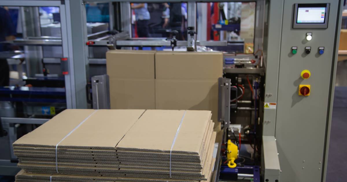 Tied bundles of flat cardboard cases neatly stacked together. The materials are next to the opening of a case erector machine.